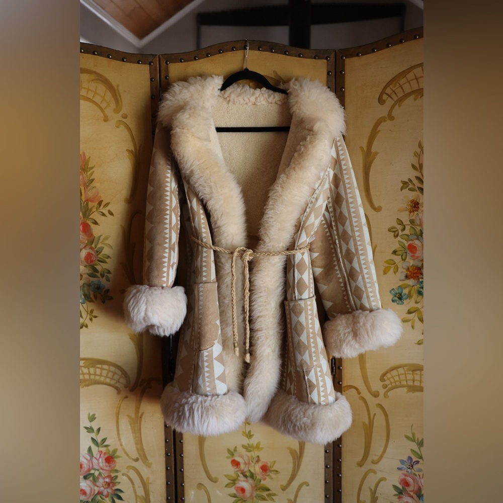 True vintage 1960s Sherpa Fur Aztec Print Penny Lane Coat